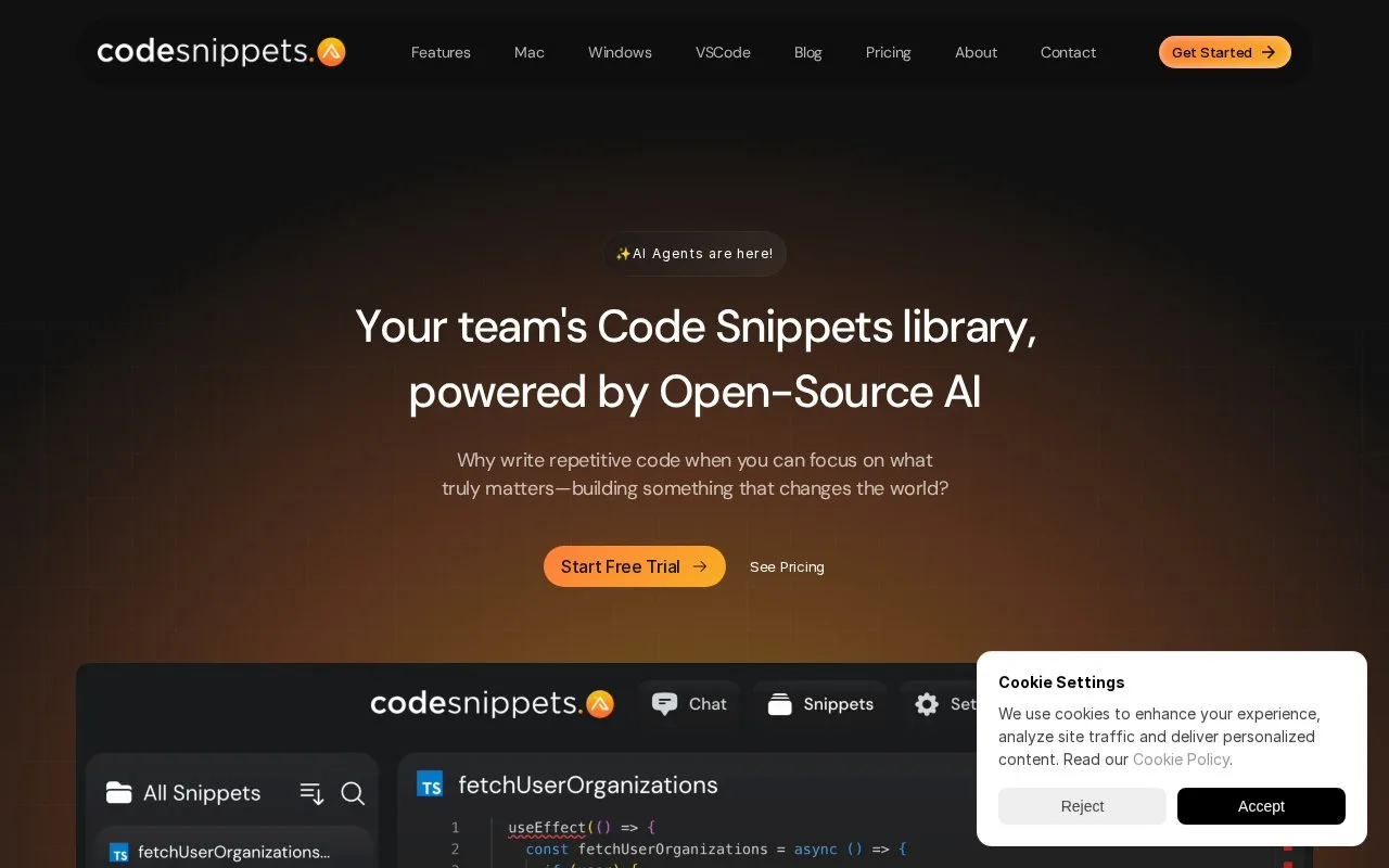Screenshot of the Code Snippets AI homepage