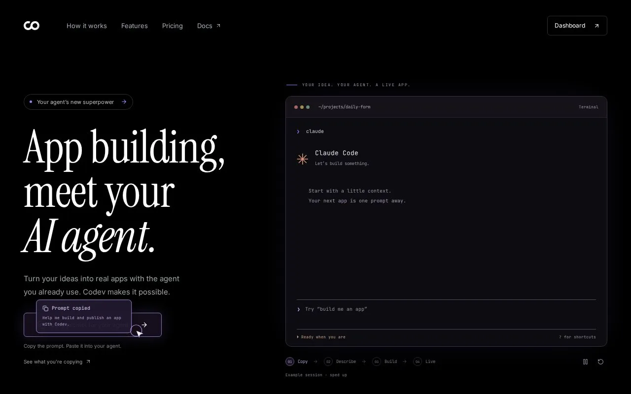 Screenshot of the Codev homepage