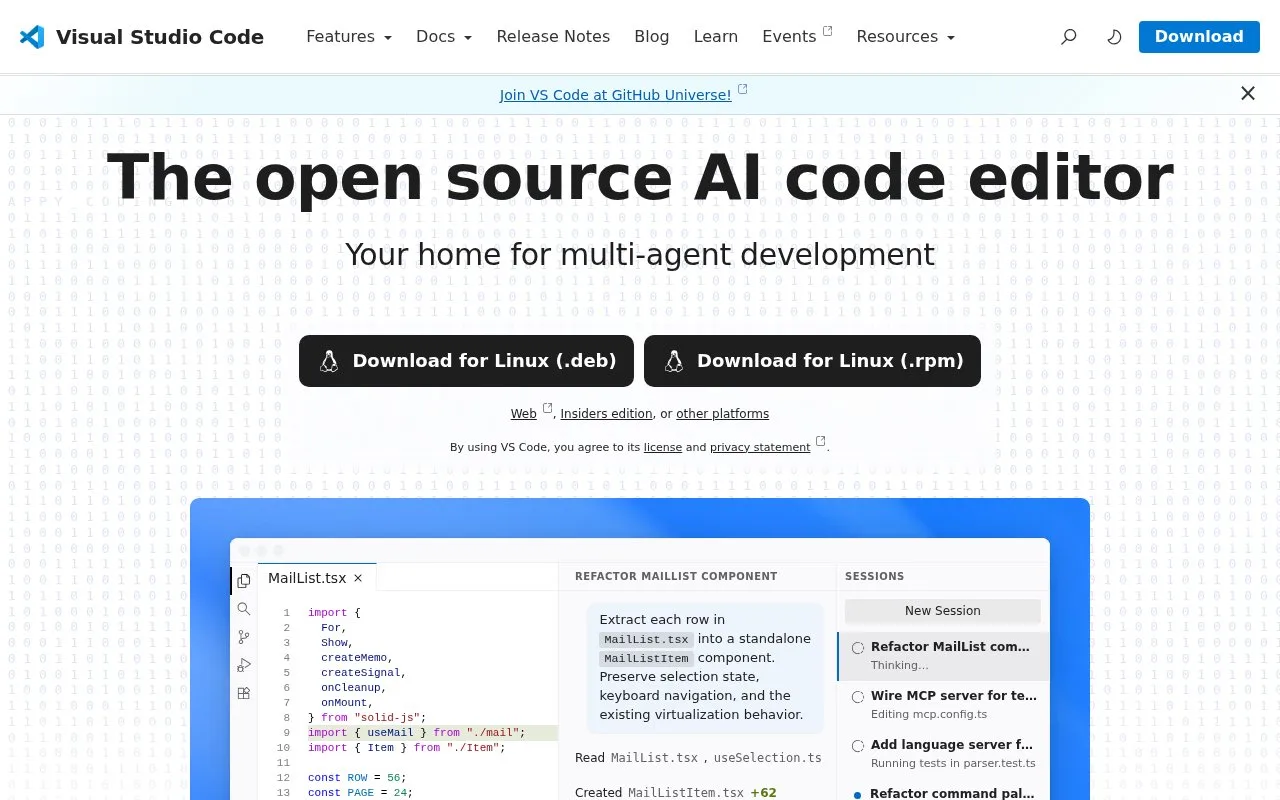 Screenshot of the Visual Studio Code homepage