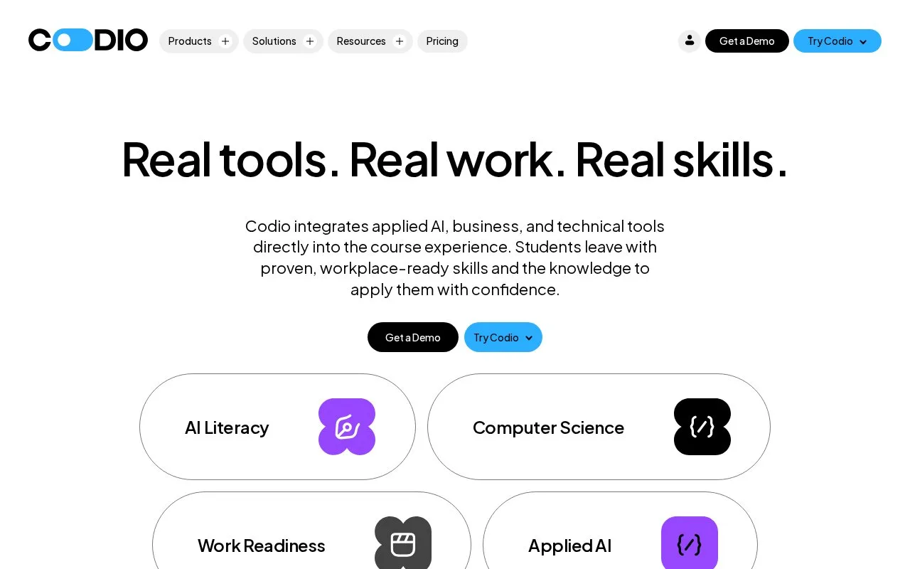 Screenshot of the Codio homepage