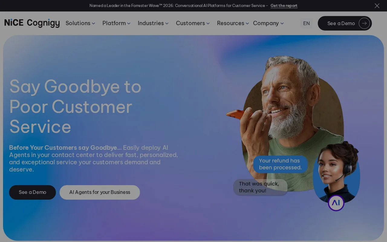 Screenshot of the NiCE Cognigy homepage