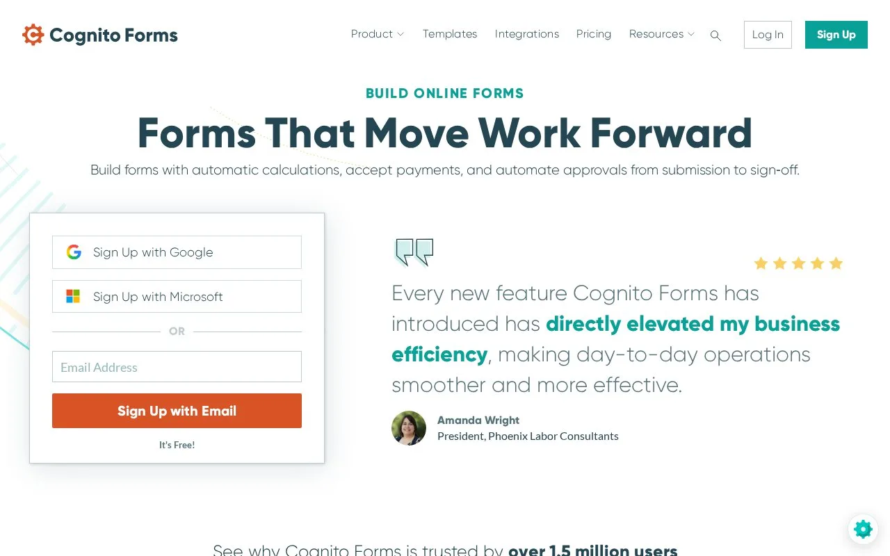 Screenshot of the Cognito Forms homepage