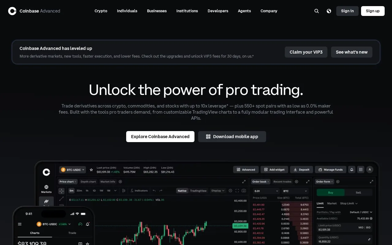 Screenshot of the Coinbase Advanced homepage