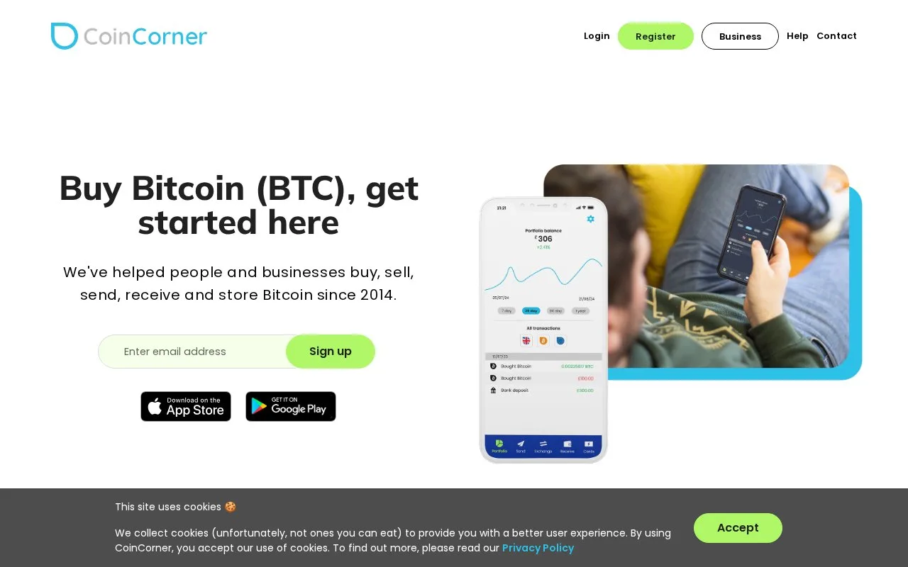 Screenshot of the CoinCorner homepage