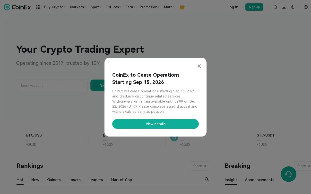 Screenshot of the CoinEx homepage