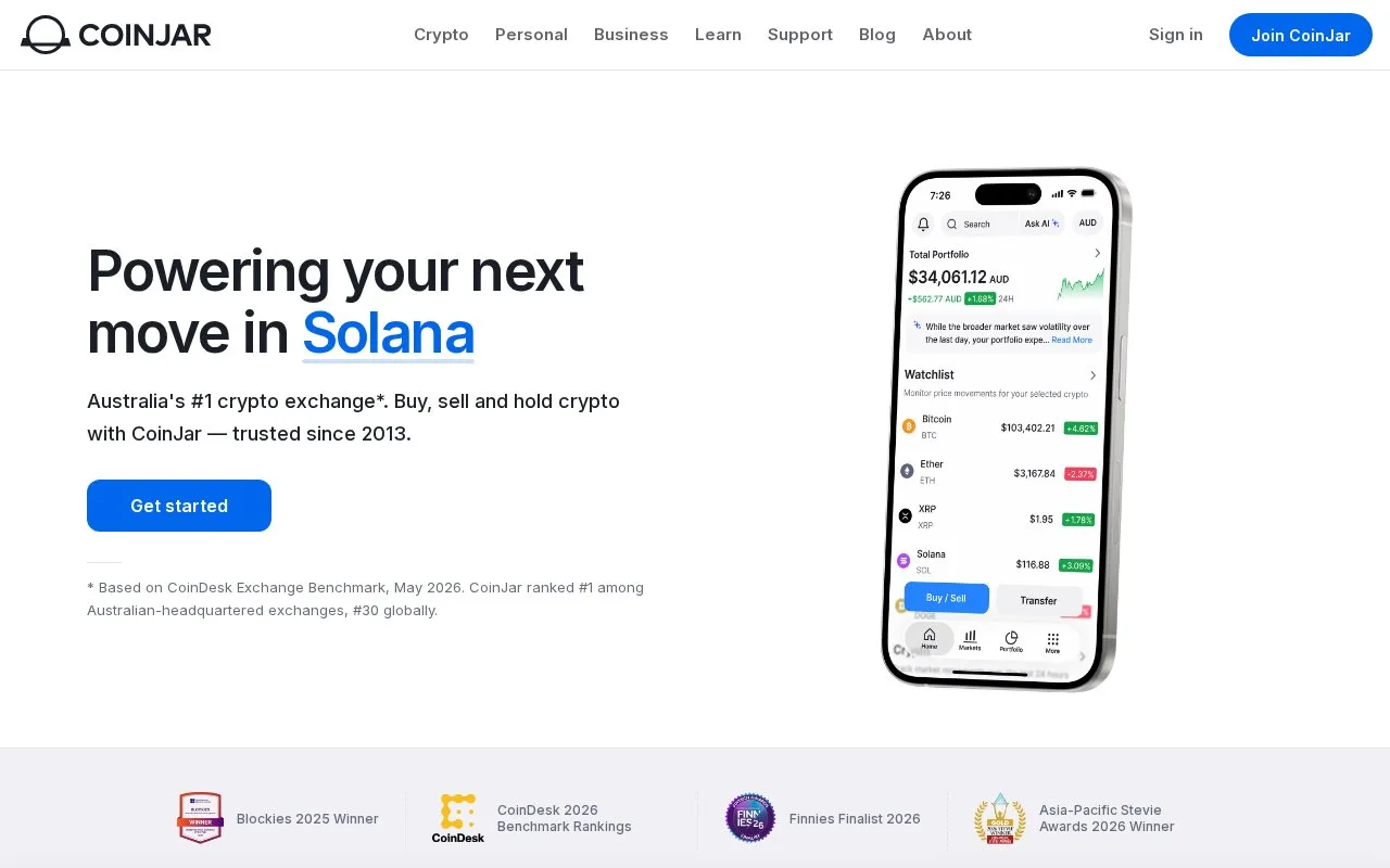 Screenshot of the CoinJar homepage