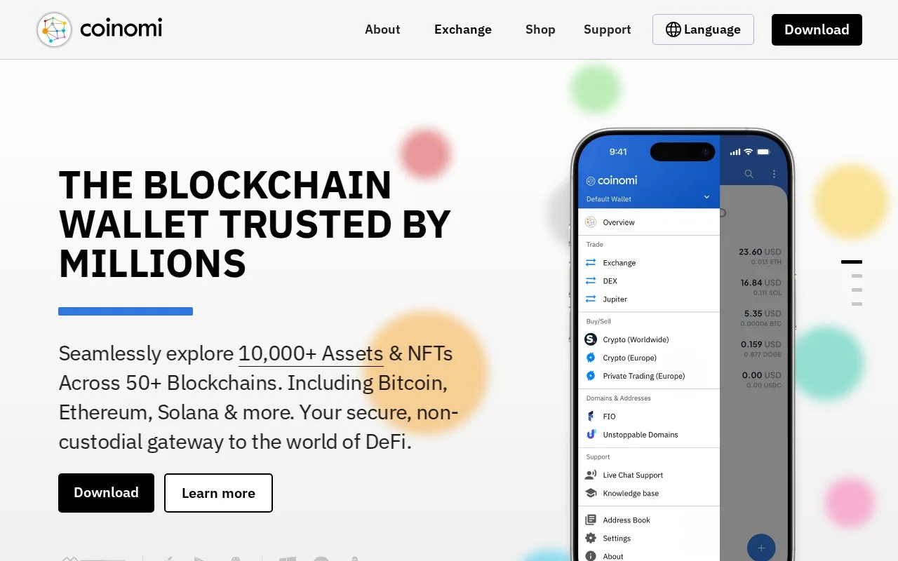 Screenshot of the Coinomi homepage