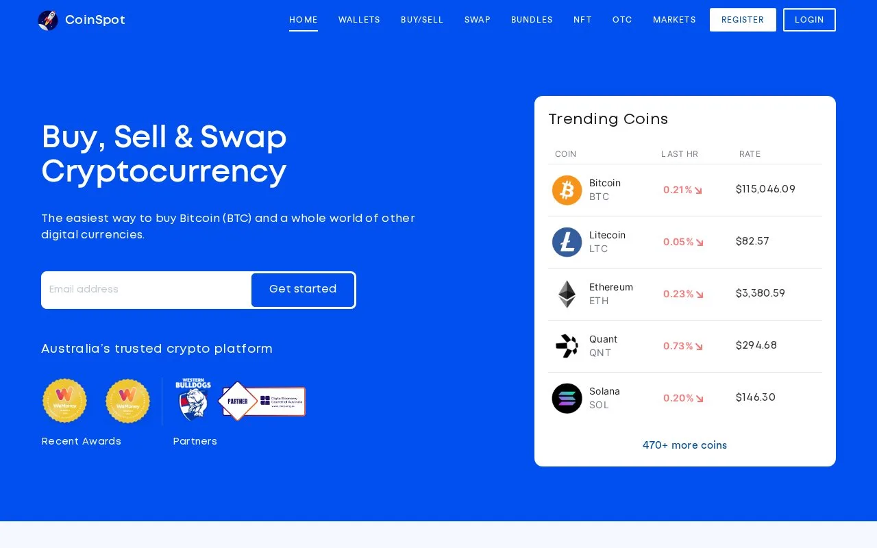 Screenshot of the CoinSpot homepage