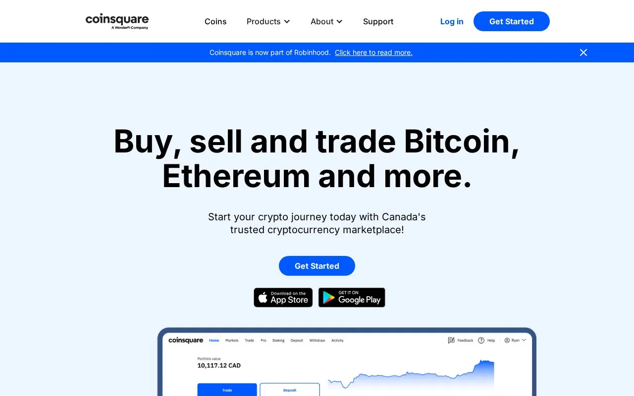 Screenshot of the Coinsquare homepage