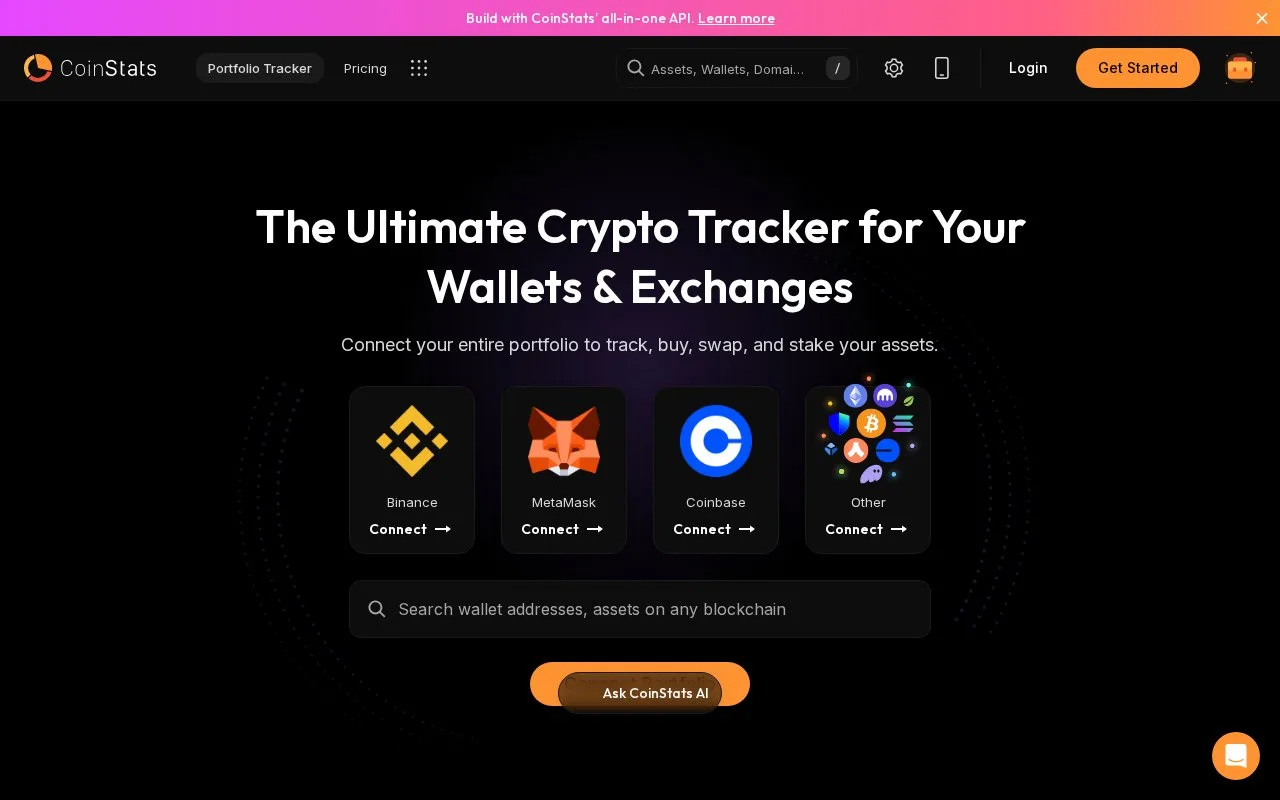 Screenshot of the CoinStats homepage