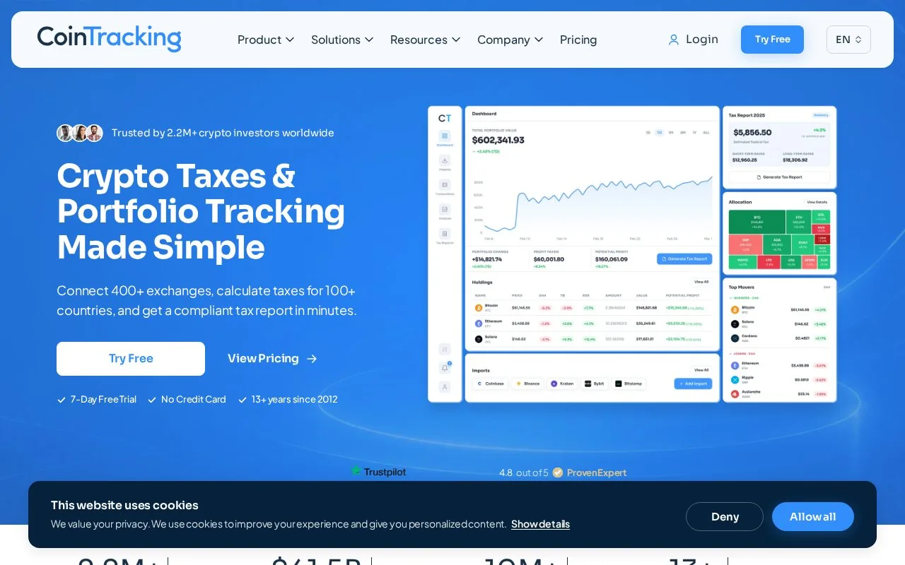 Screenshot of the CoinTracking homepage