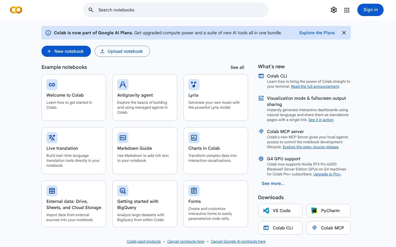 Screenshot of the Google Colab homepage
