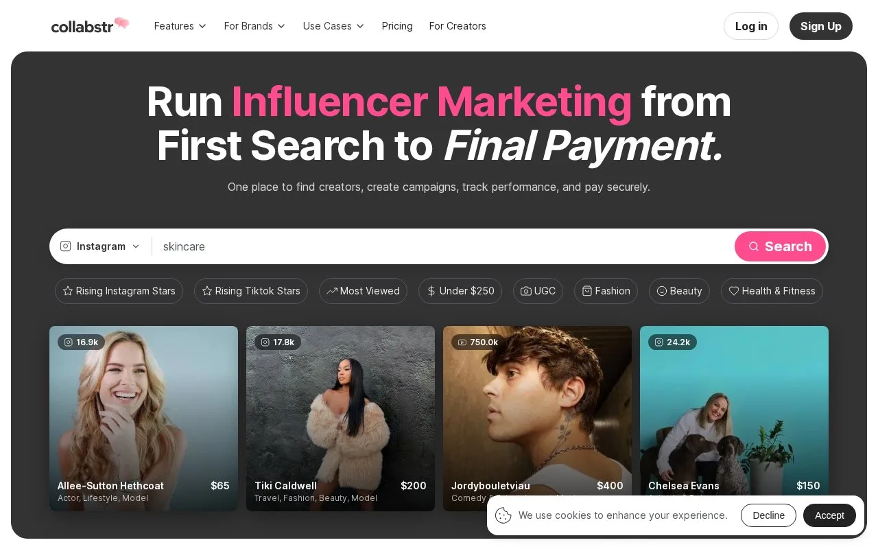 Screenshot of the Collabstr homepage