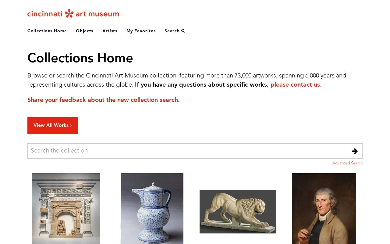 Screenshot of the Cincinnati Art Museum Collection Images homepage