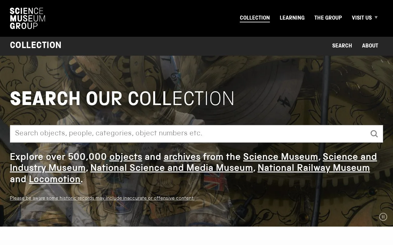 Screenshot of the Science Museum Group Collection homepage