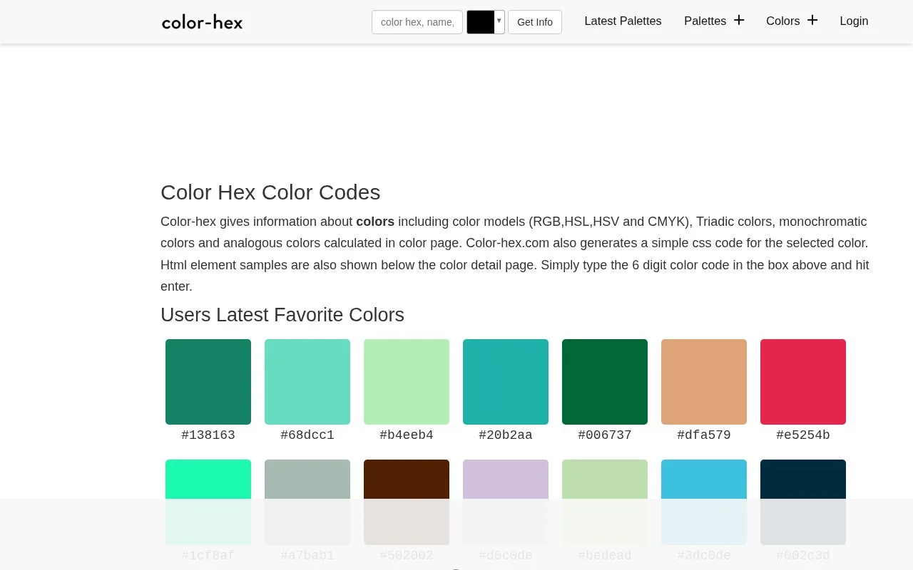 Screenshot of the Color-Hex homepage