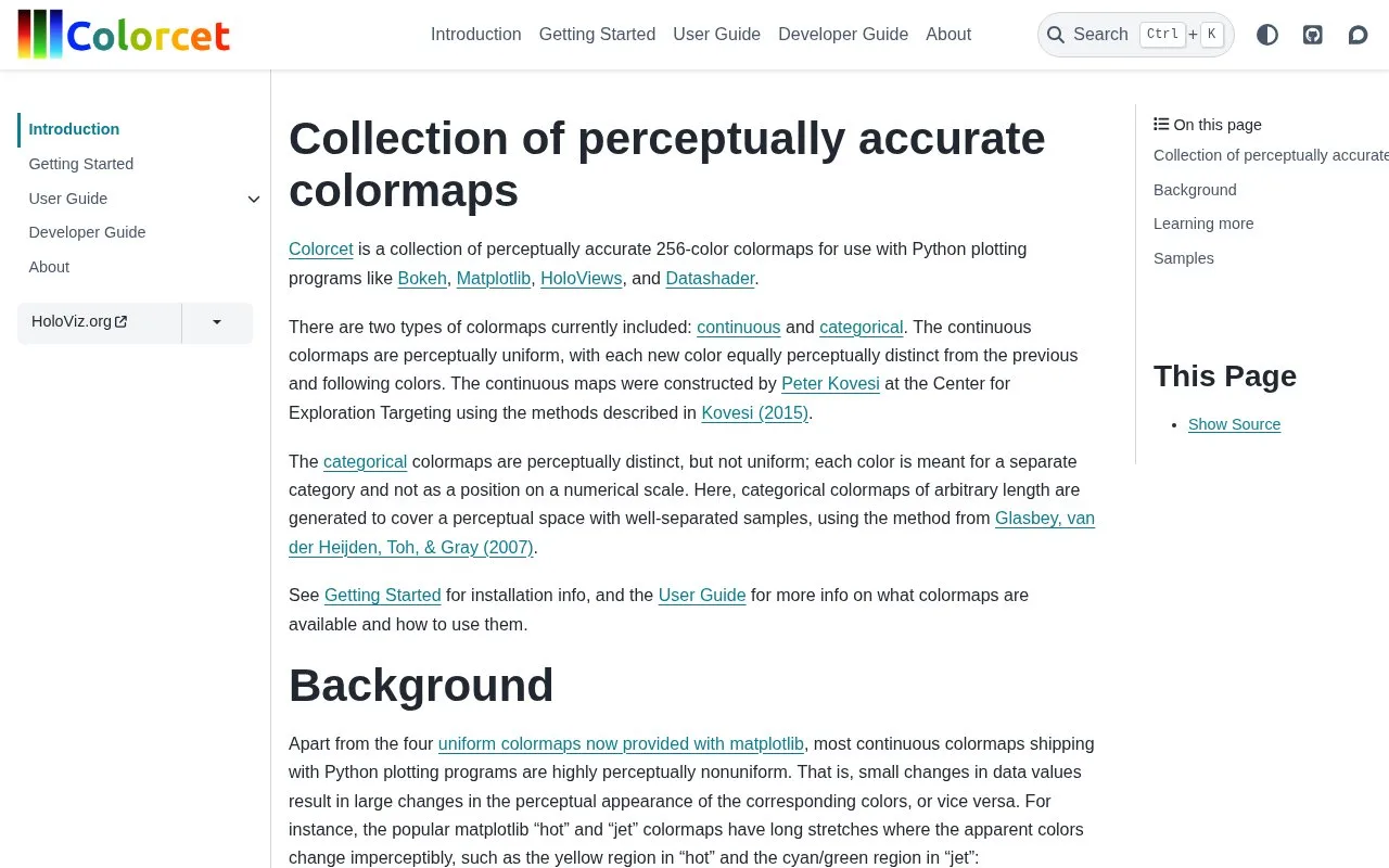 Screenshot of the Colorcet homepage