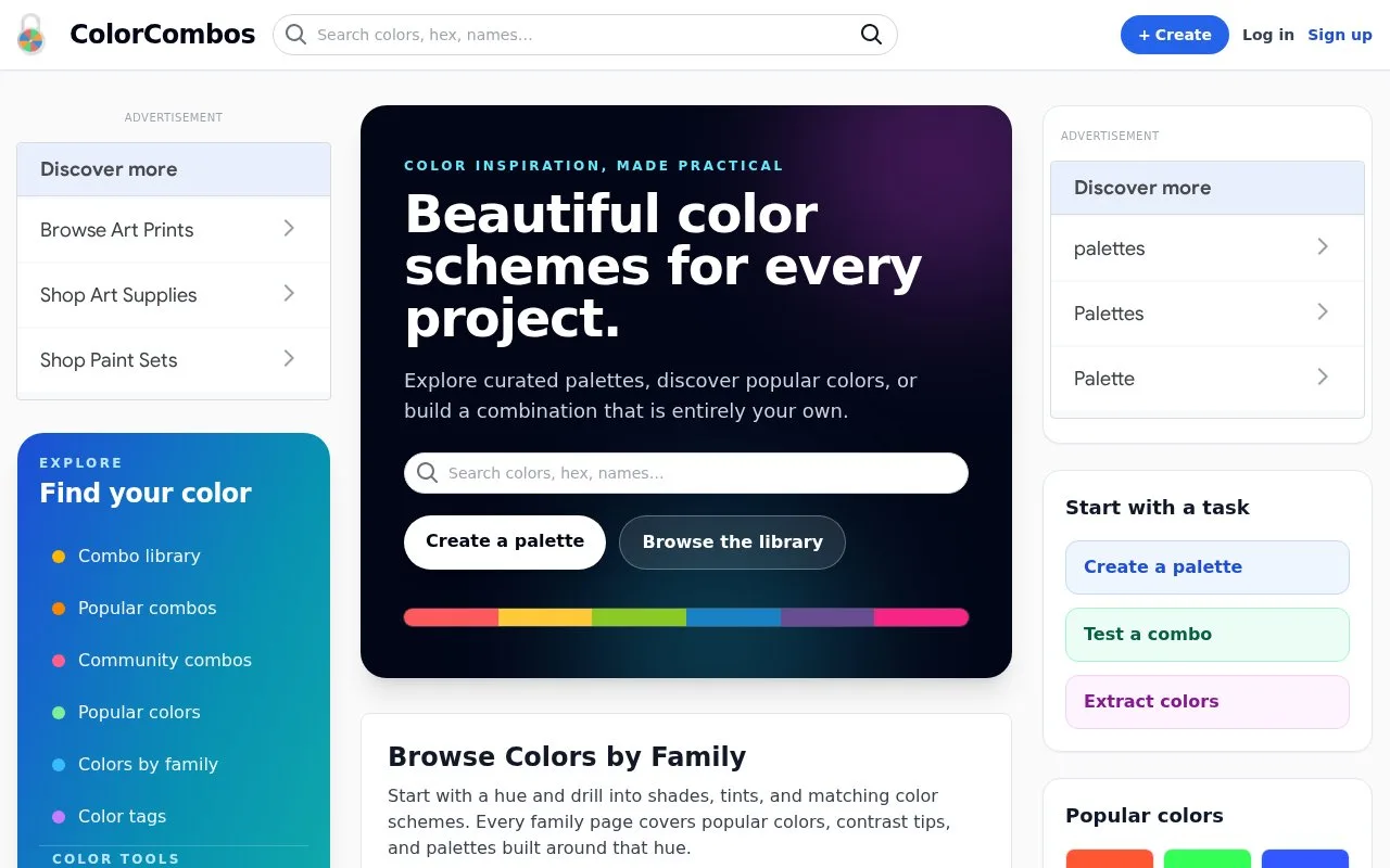 Screenshot of the ColorCombos homepage