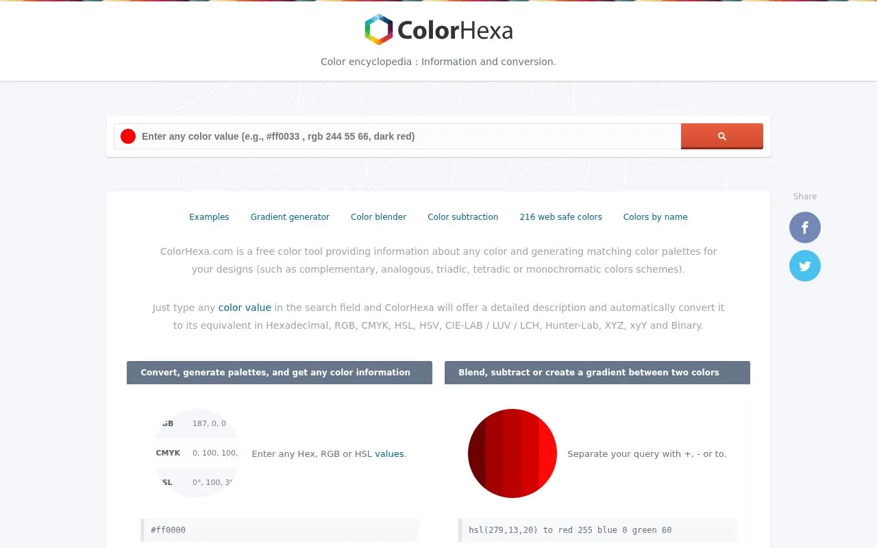 Screenshot of the ColorHexa homepage
