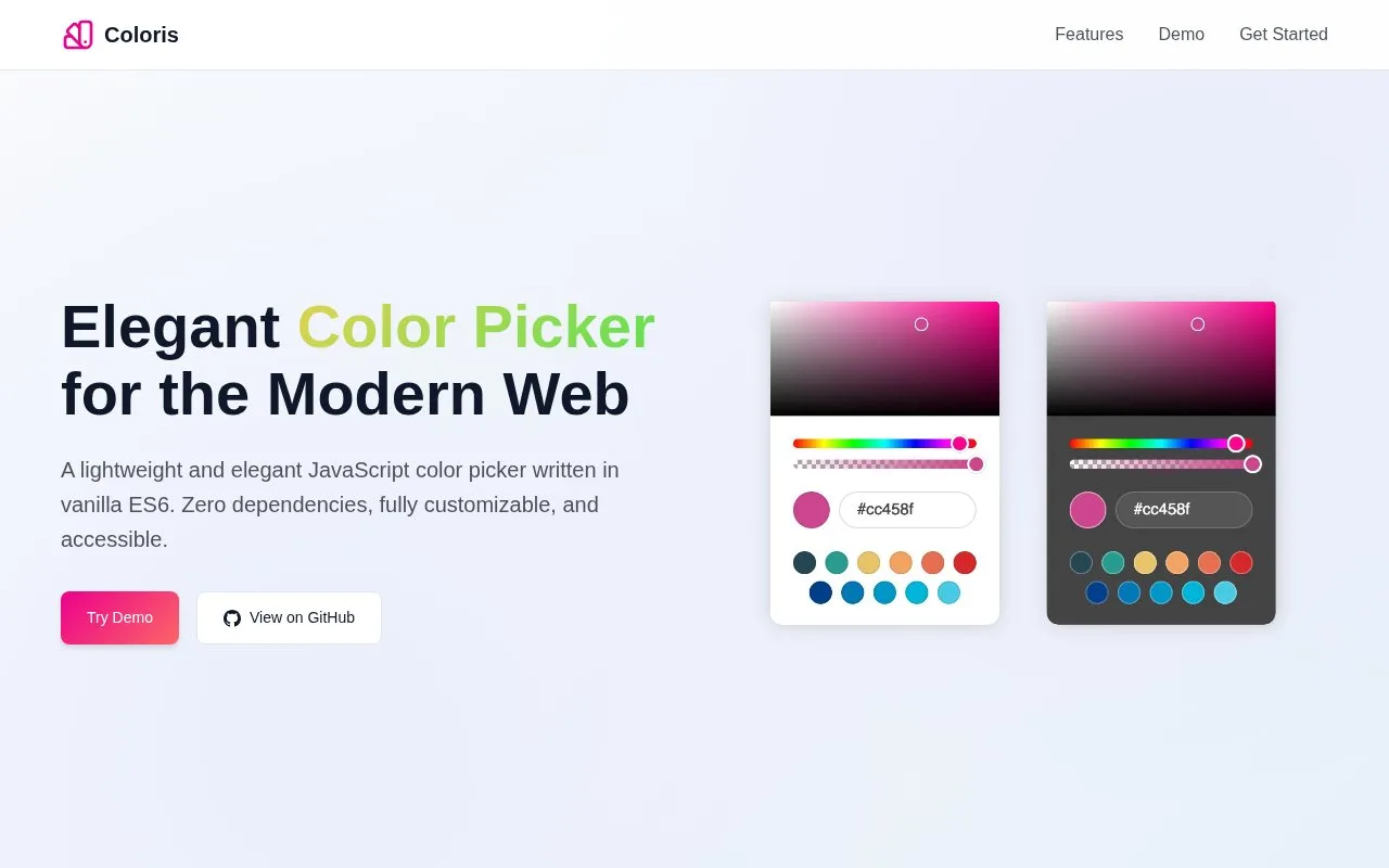 Screenshot of the Coloris homepage