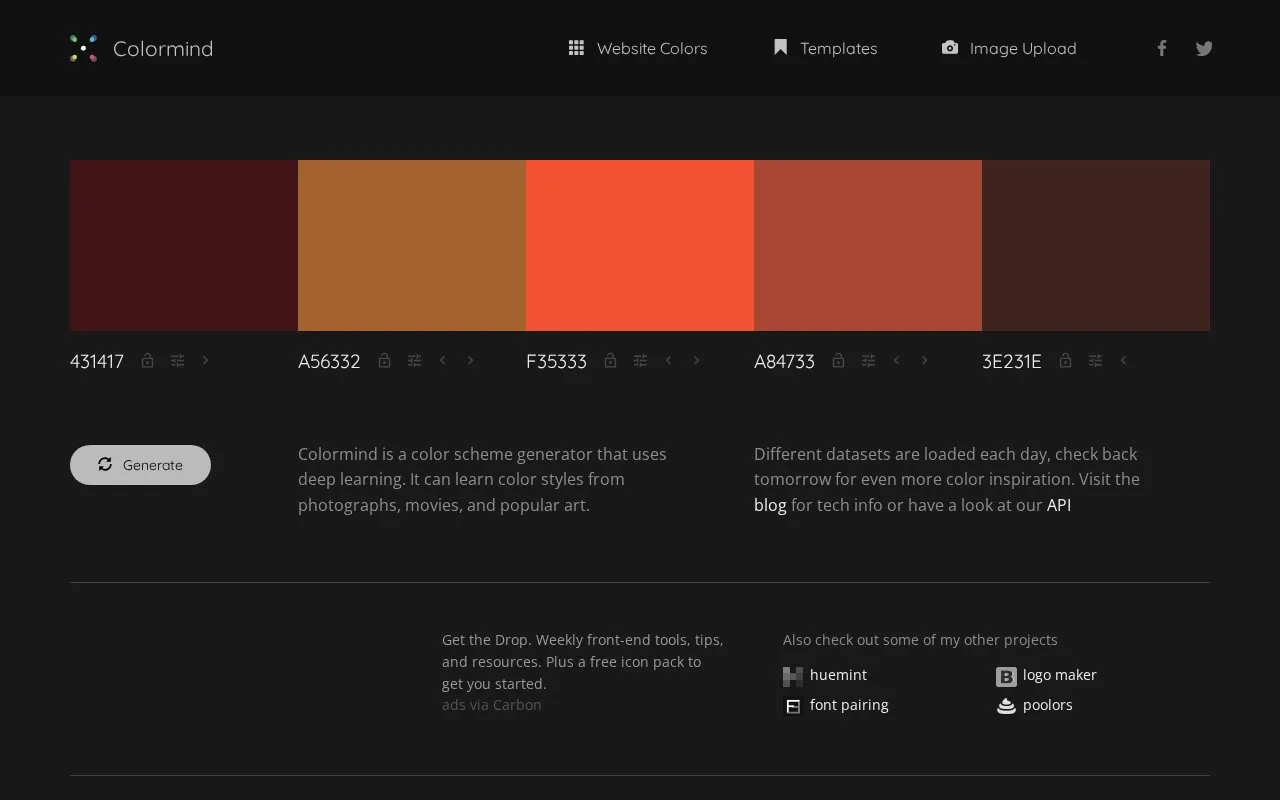 Screenshot of the Colormind homepage