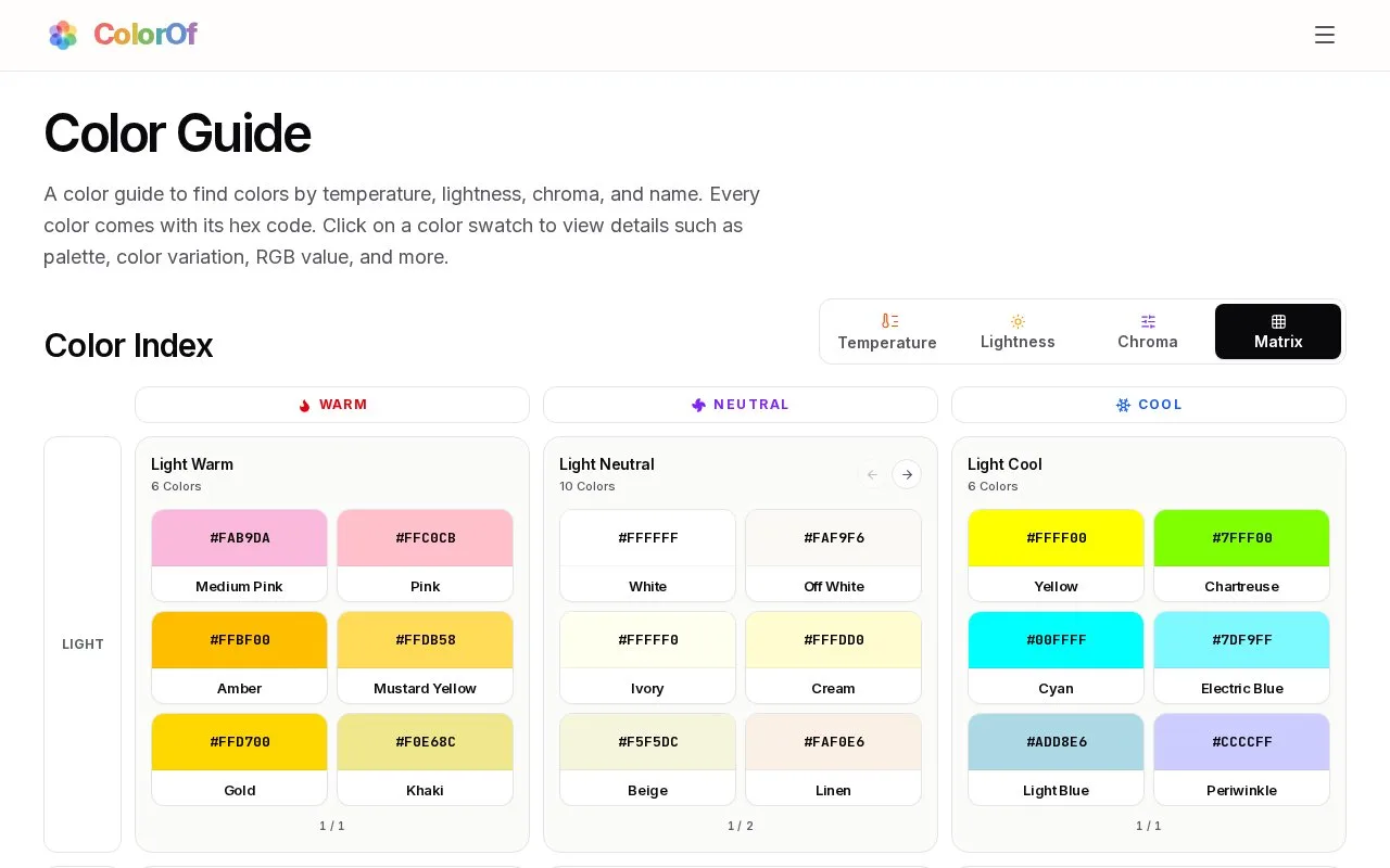 Screenshot of the ColorOf homepage