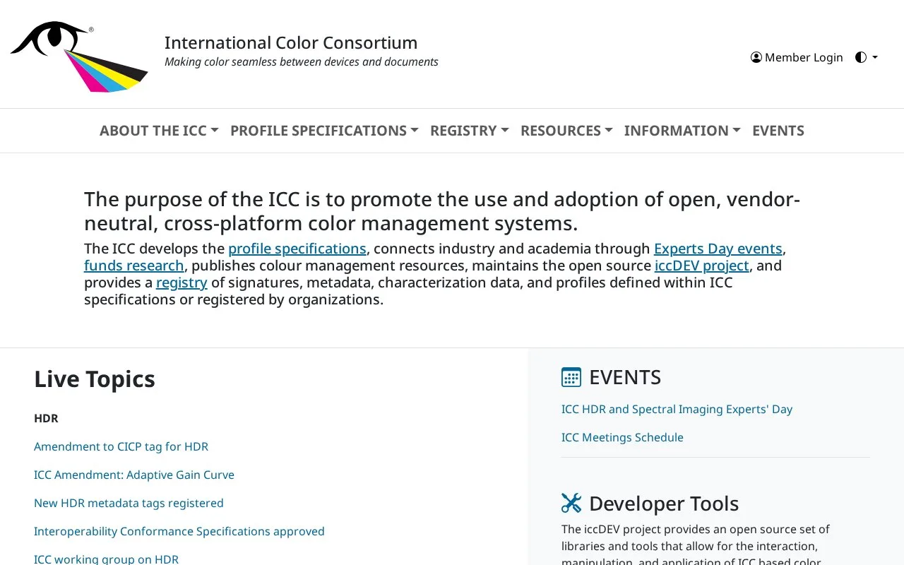 Screenshot of the International Color Consortium homepage