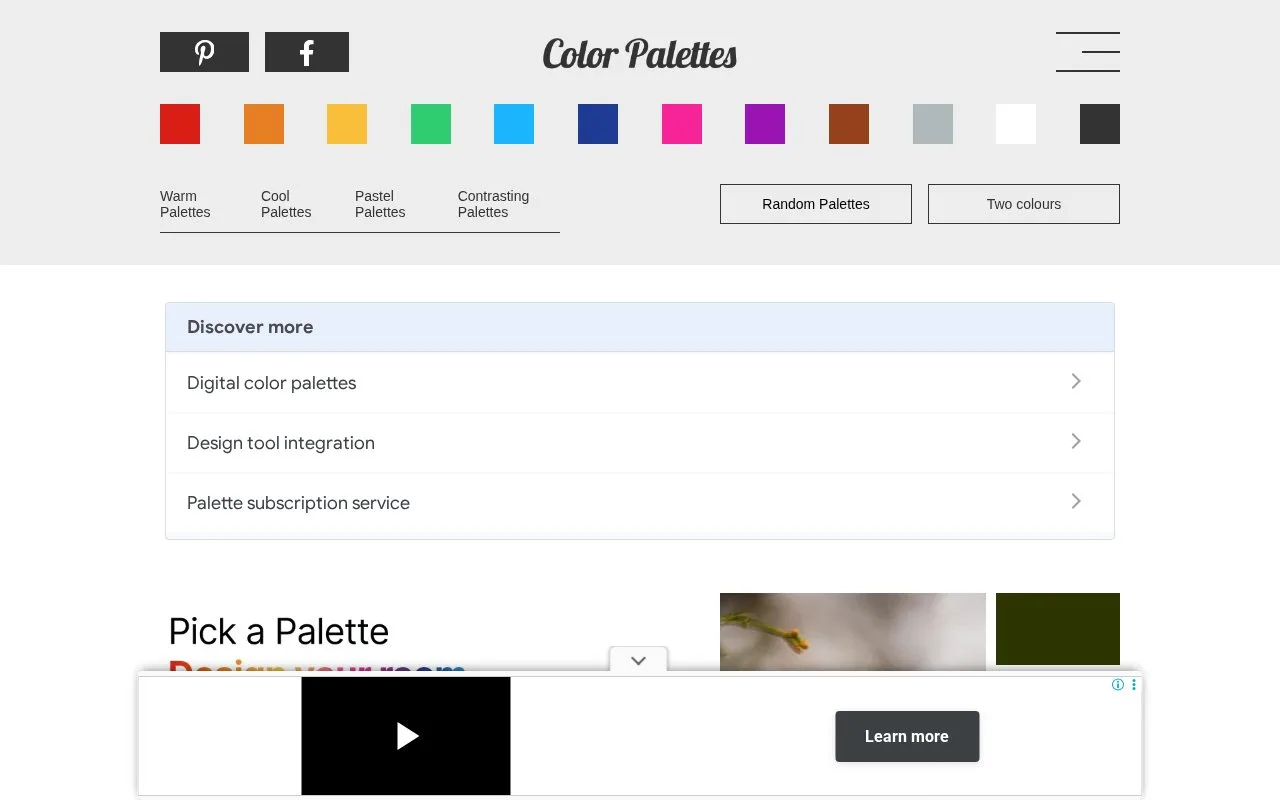 Screenshot of the ColorPalettes.net homepage