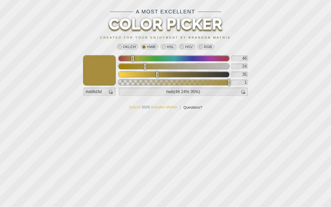 Screenshot of the Color Picker by Brandon Mathis homepage