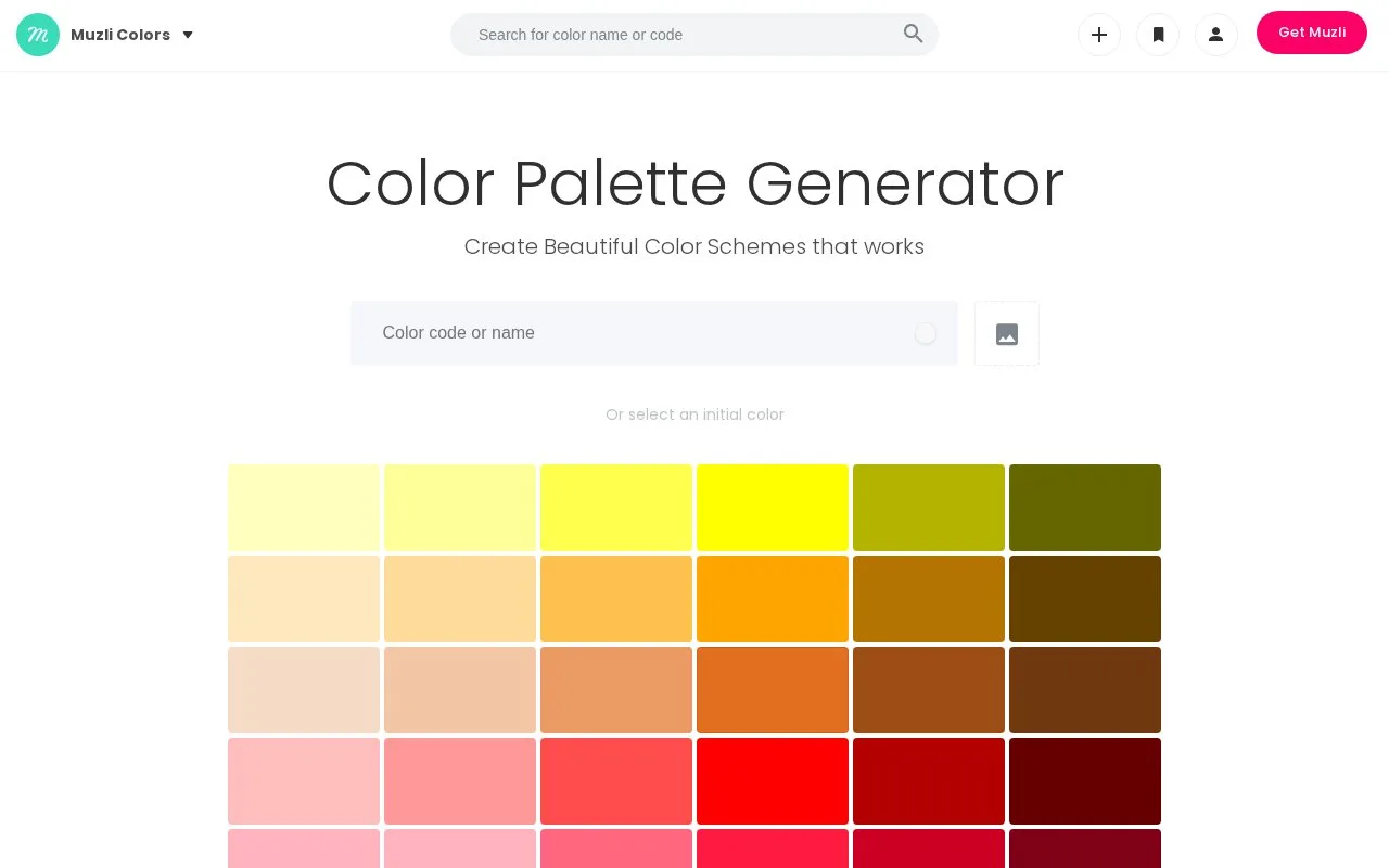 Screenshot of the Muzli Colors homepage