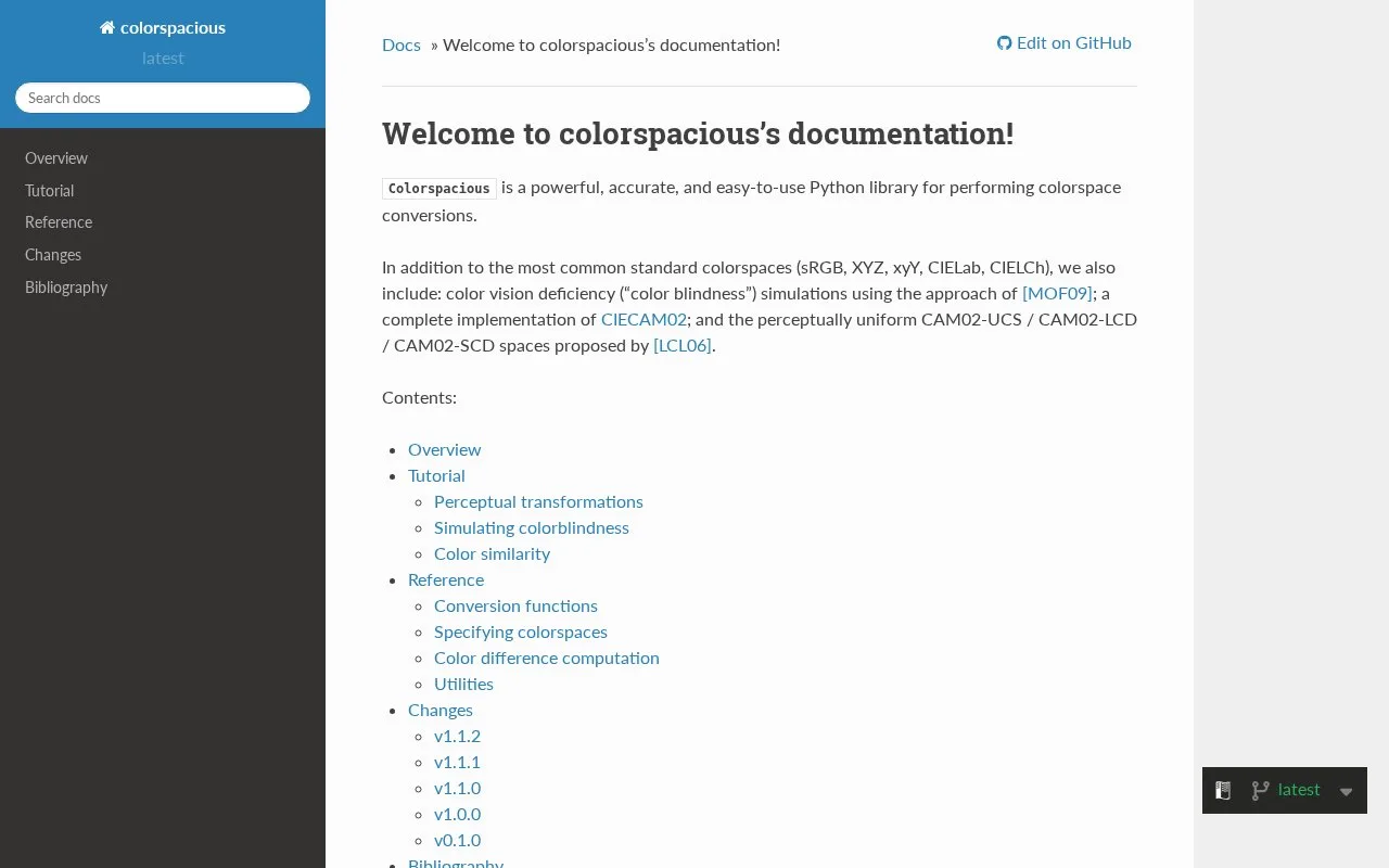 Screenshot of the Colorspacious homepage
