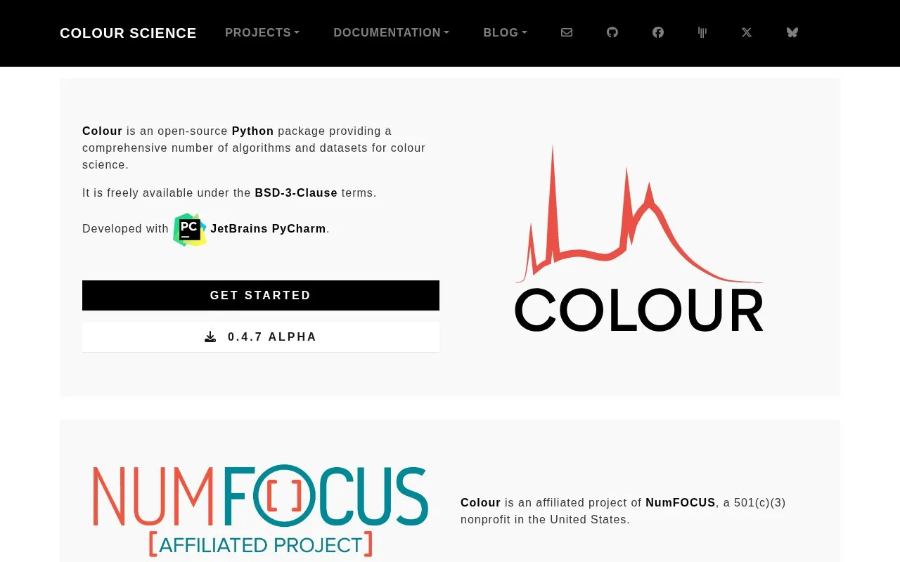 Screenshot of the Colour Science for Python homepage