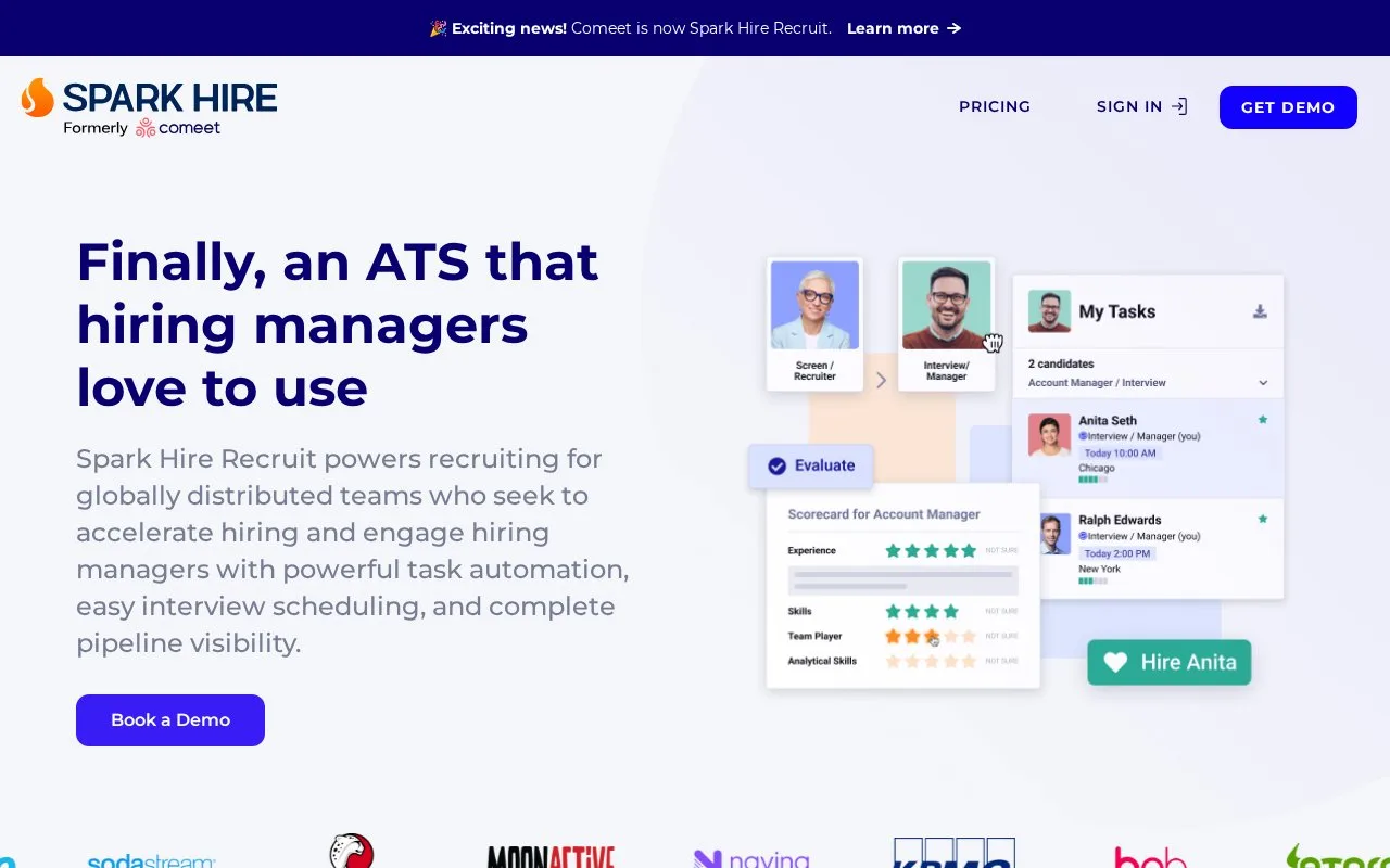 Screenshot of the Spark Hire Recruit homepage