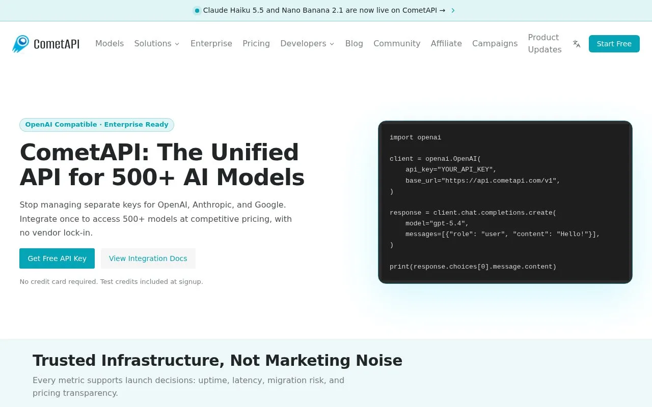 Screenshot of the CometAPI homepage