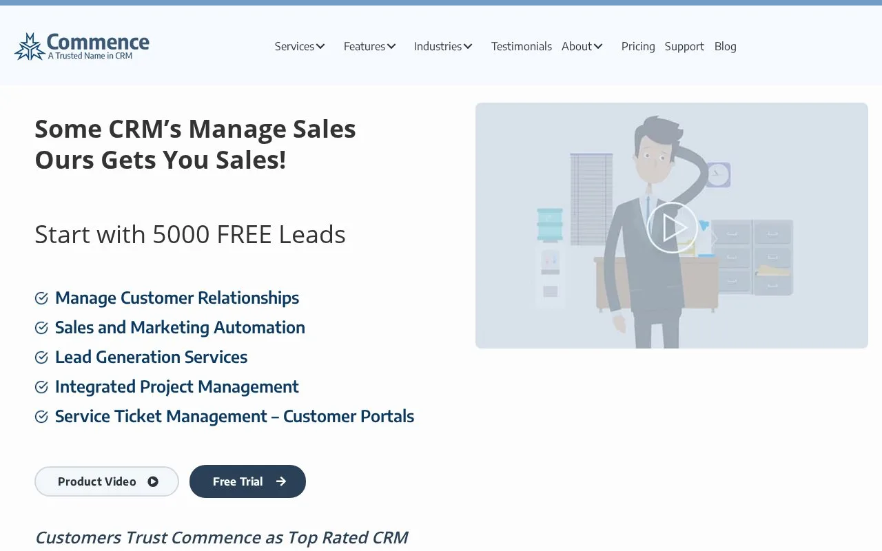 Screenshot of the Commence homepage