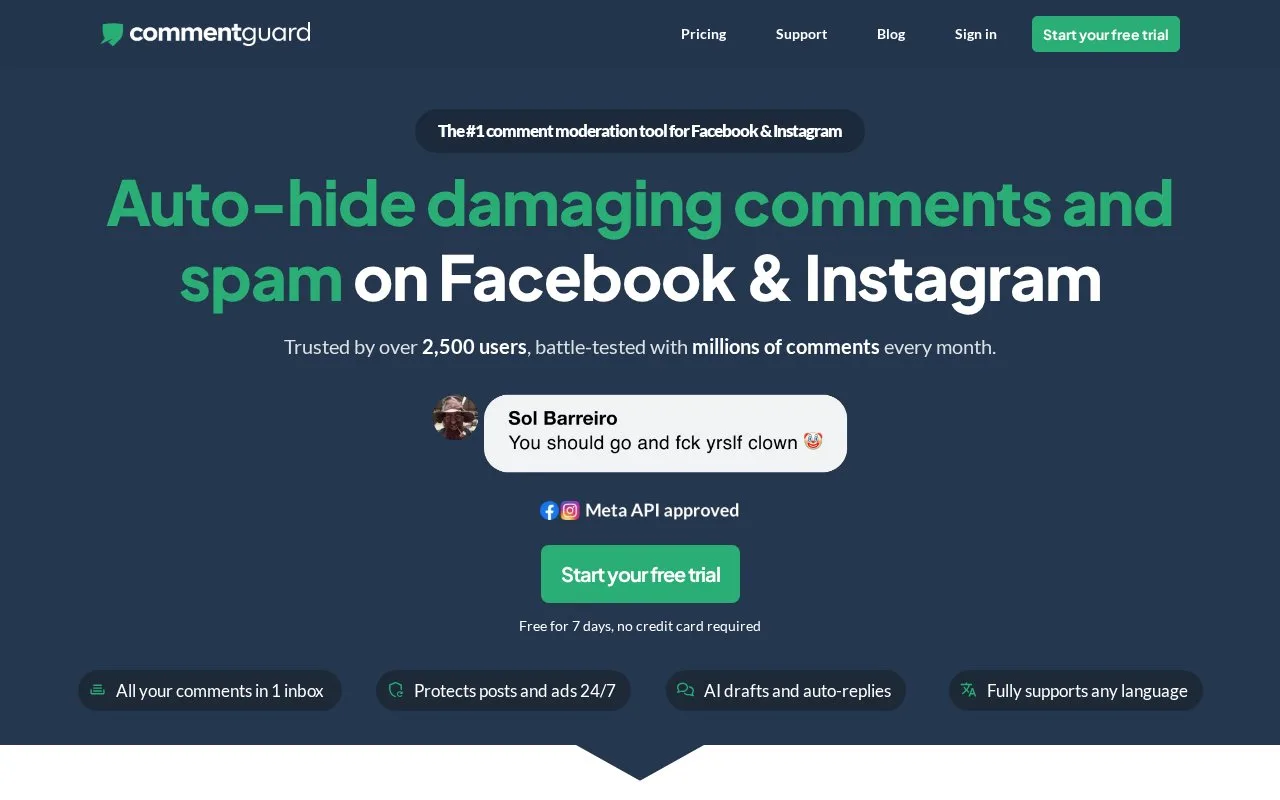 Screenshot of the CommentGuard homepage