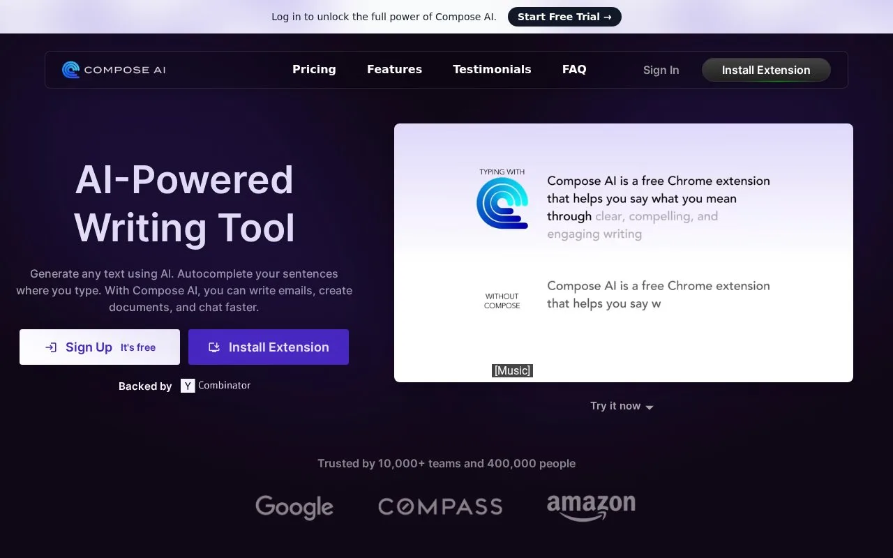 Screenshot of the Compose AI homepage