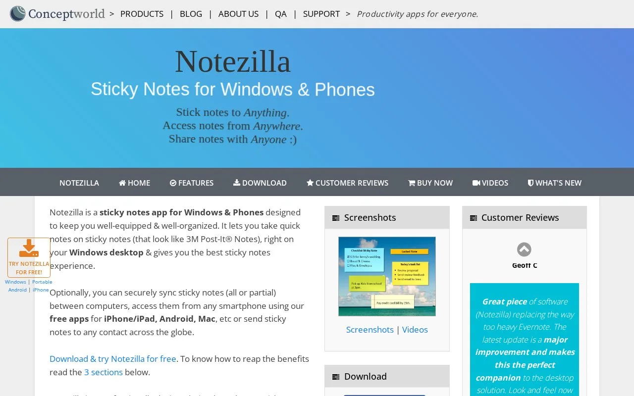 Screenshot of the Notezilla homepage