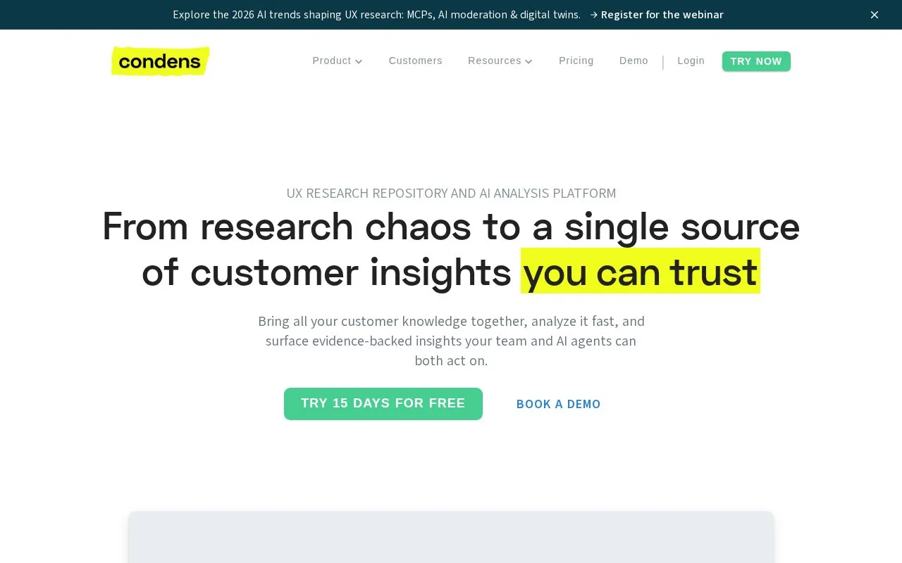 Screenshot of the Condens homepage