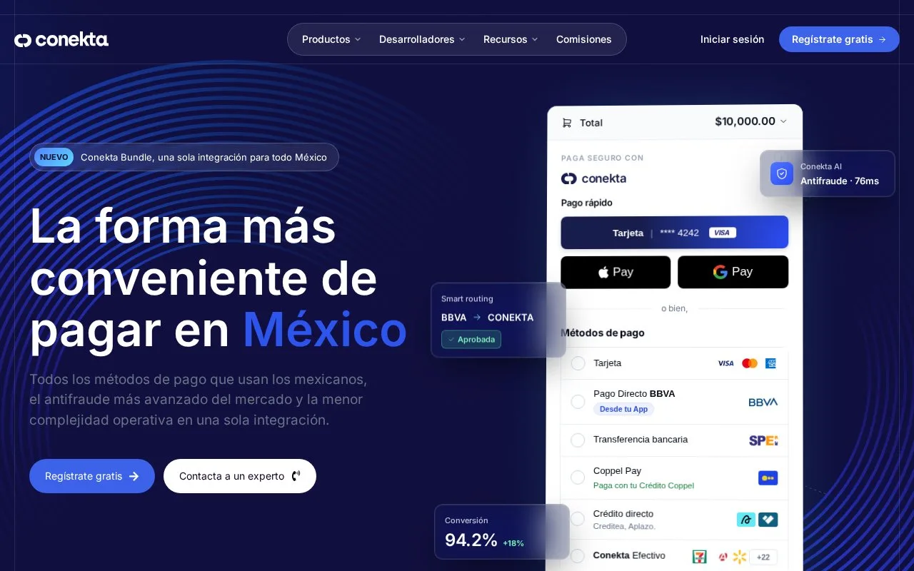 Screenshot of the Conekta homepage