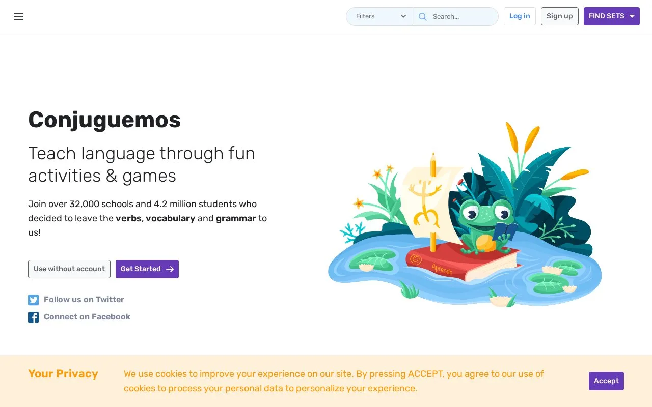 Screenshot of the Conjuguemos homepage