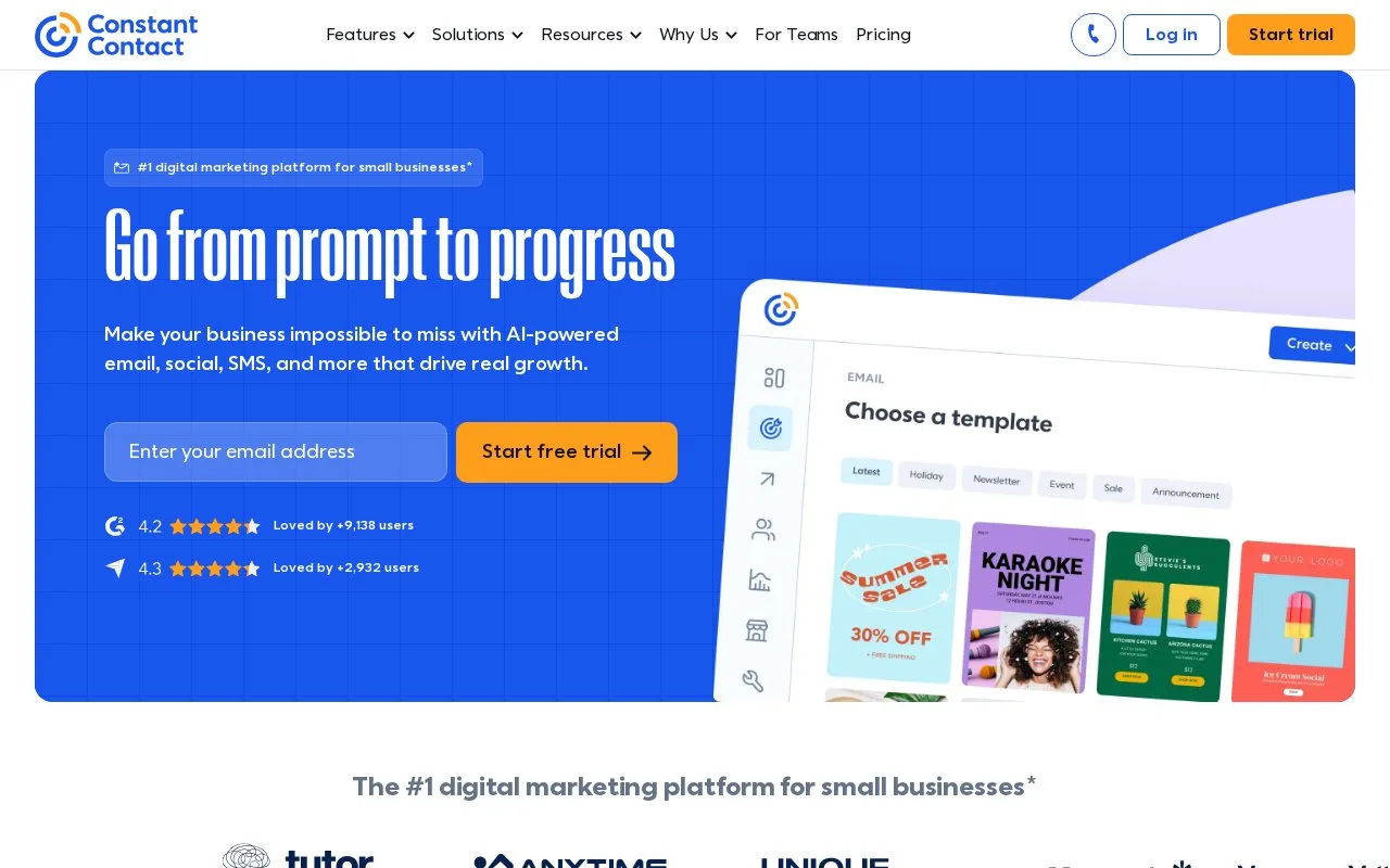 Screenshot of the Constant Contact homepage