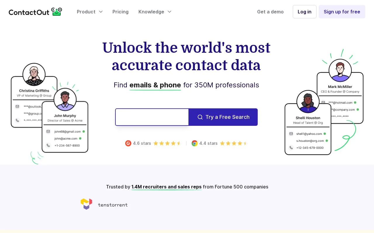 Screenshot of the ContactOut homepage