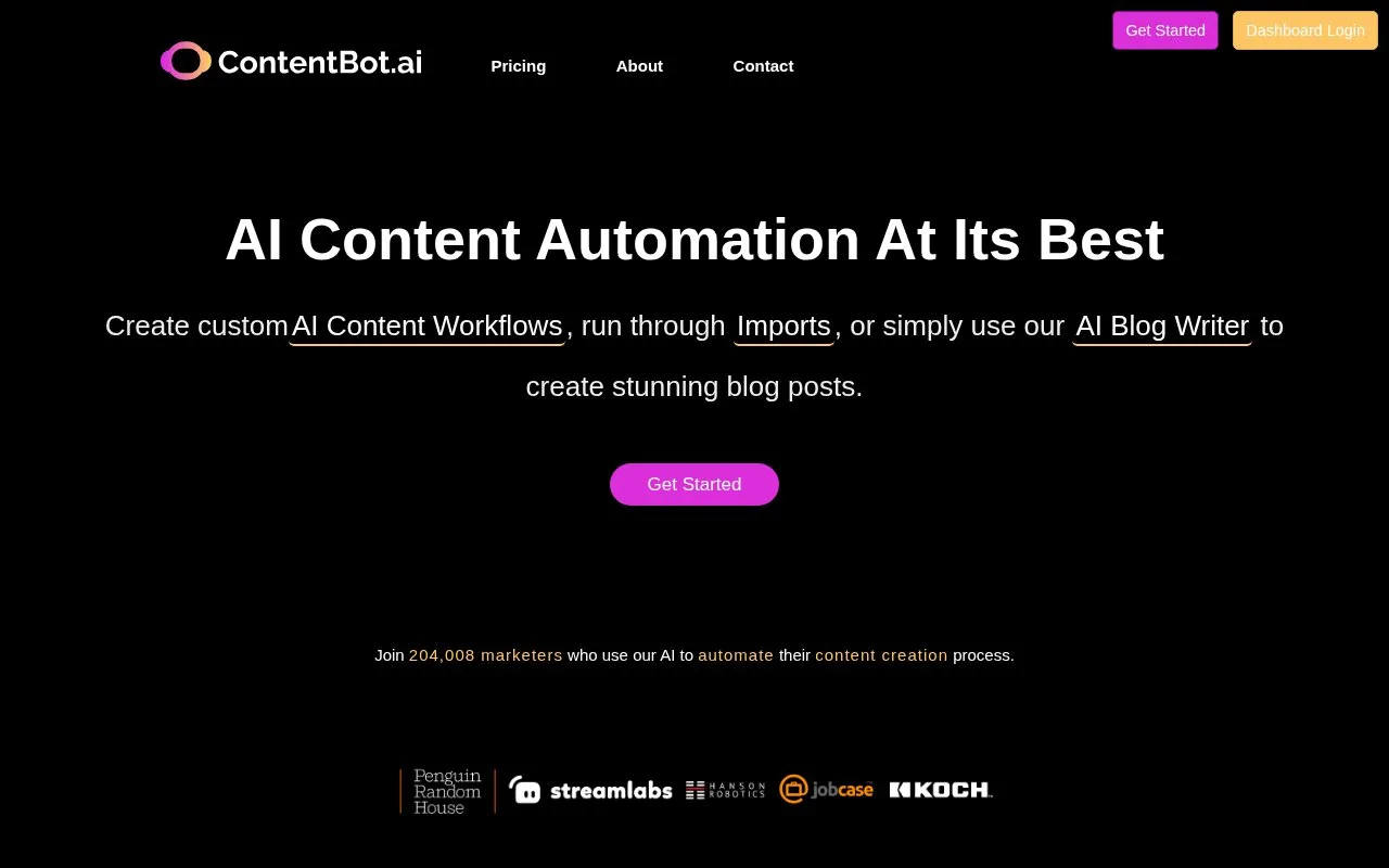 Screenshot of the ContentBot homepage