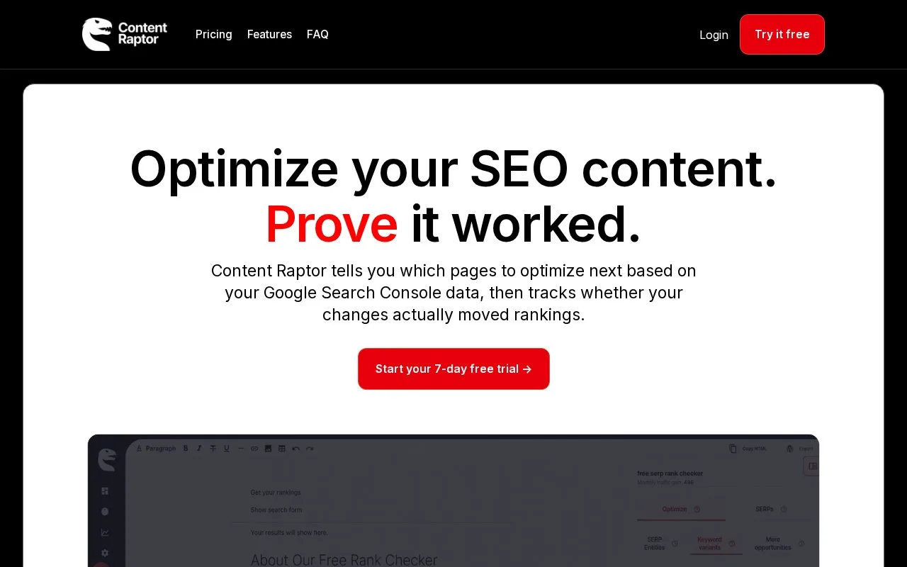 Screenshot of the Content Raptor homepage