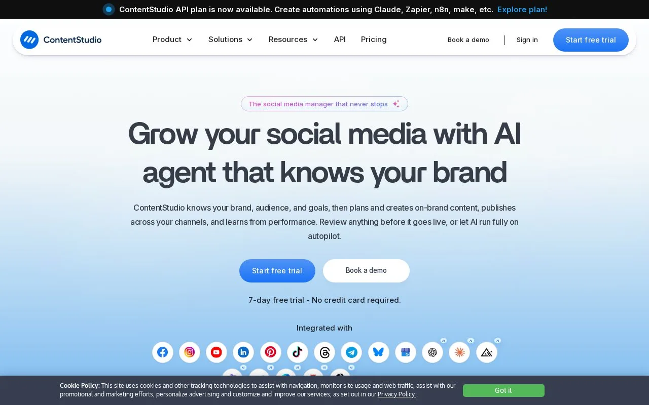 Screenshot of the ContentStudio homepage