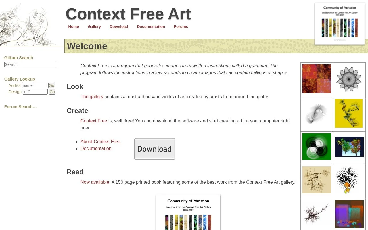 Screenshot of the Context Free homepage