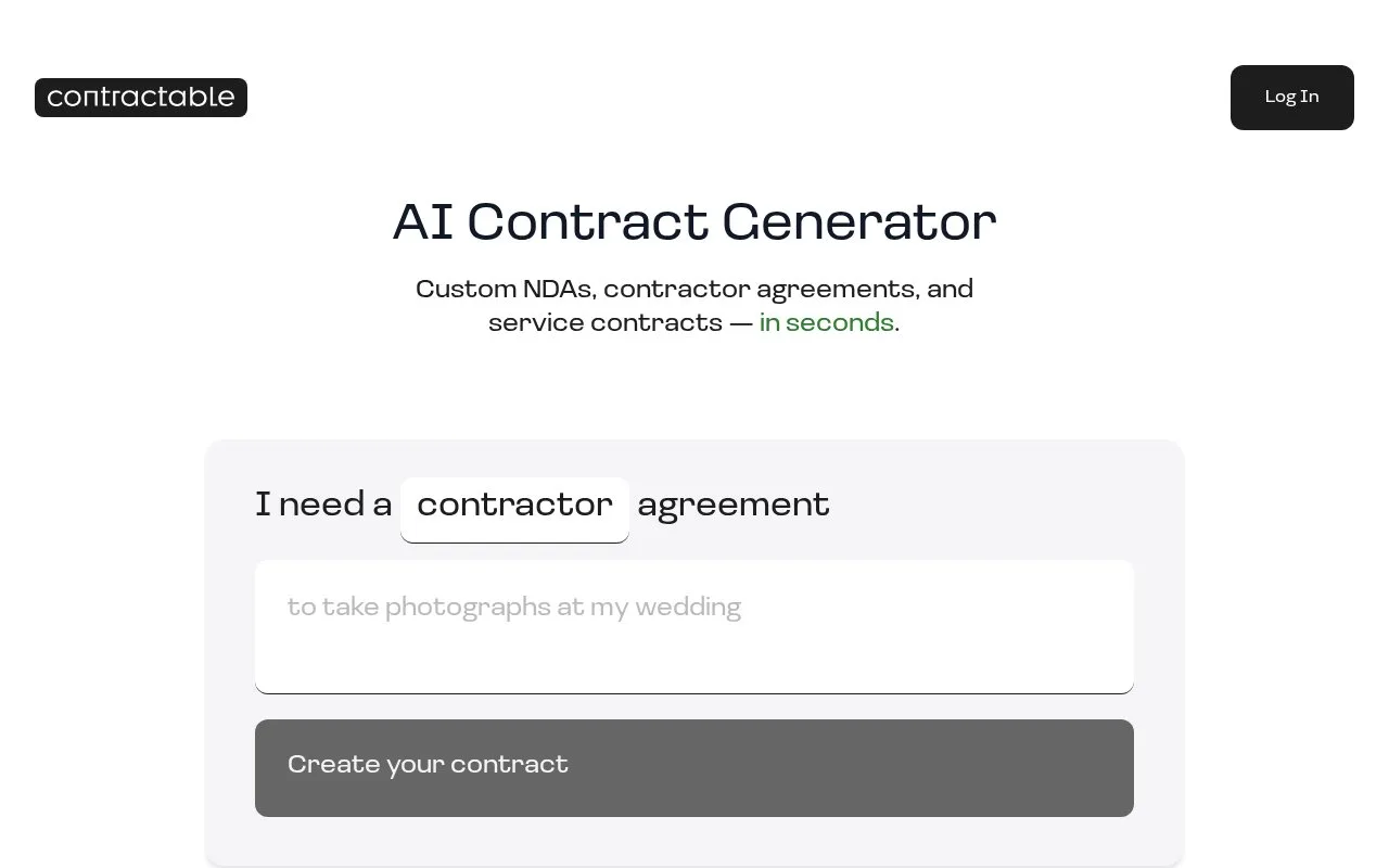 Screenshot of the Contractable homepage