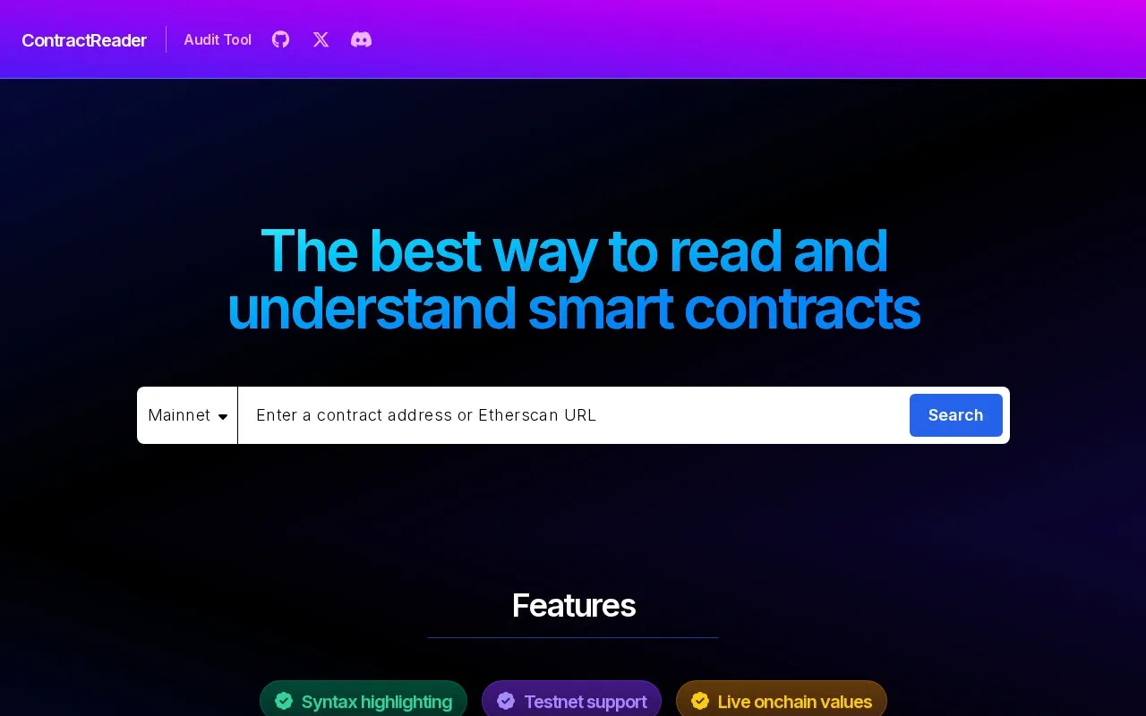 Screenshot of the ContractReader homepage
