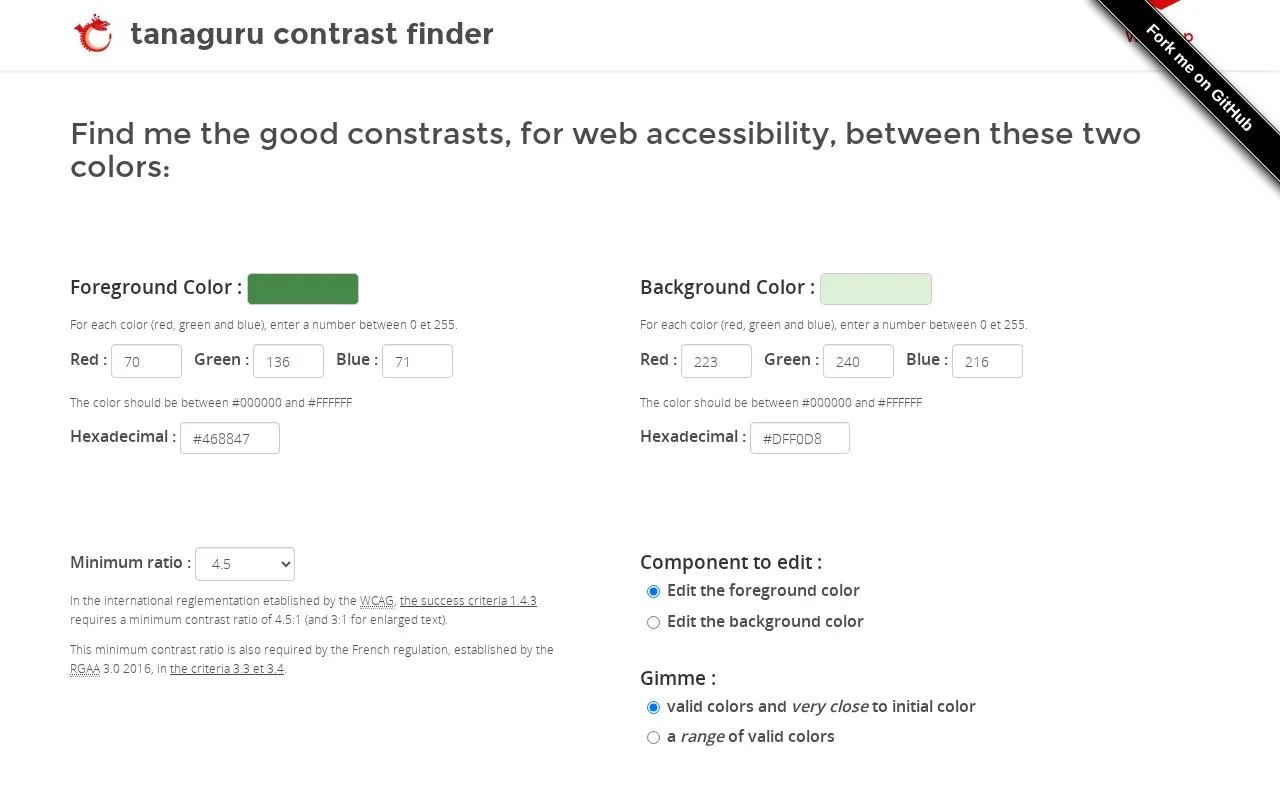 Screenshot of the Tanaguru Contrast-Finder homepage